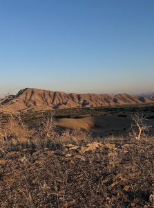 A small mountain range in the distance