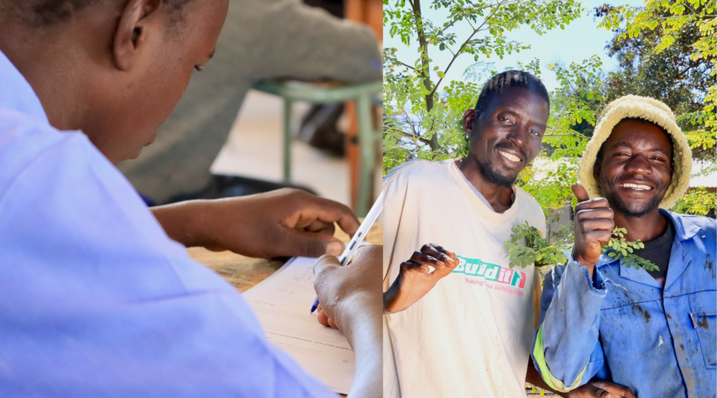 Learner writing an exam; two men posing for a photo
