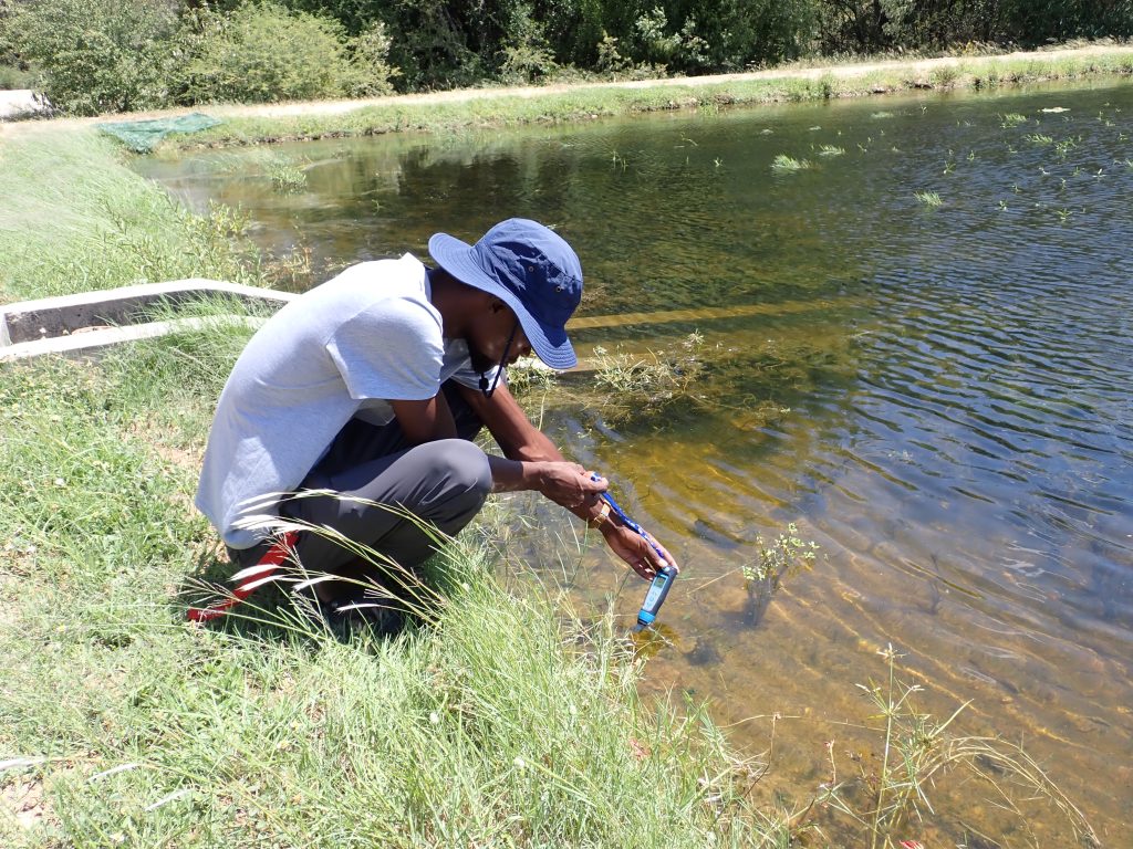 Man testing water quality at a pond